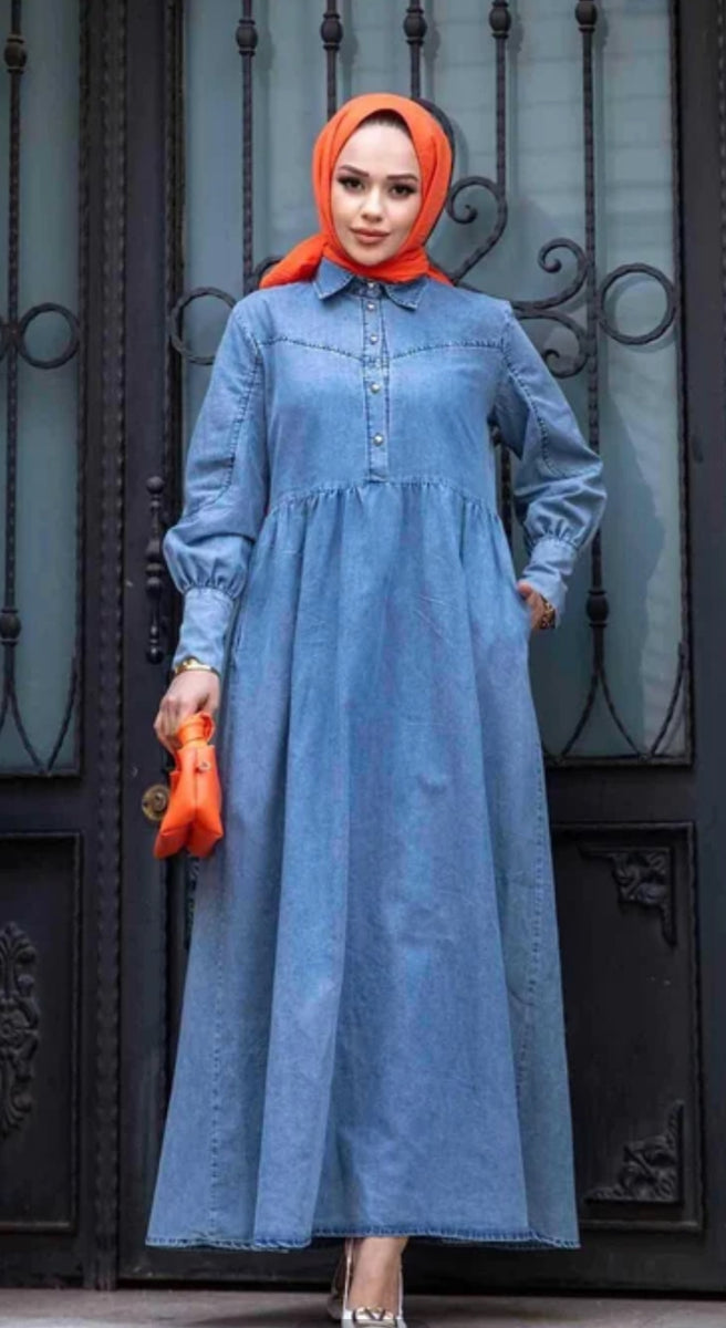Denim Long Dress - Light Blue Moda Renee Modest Fashion Boutique Denim Long Dress - Light Blue Moda Renee Modest Fashion Boutique